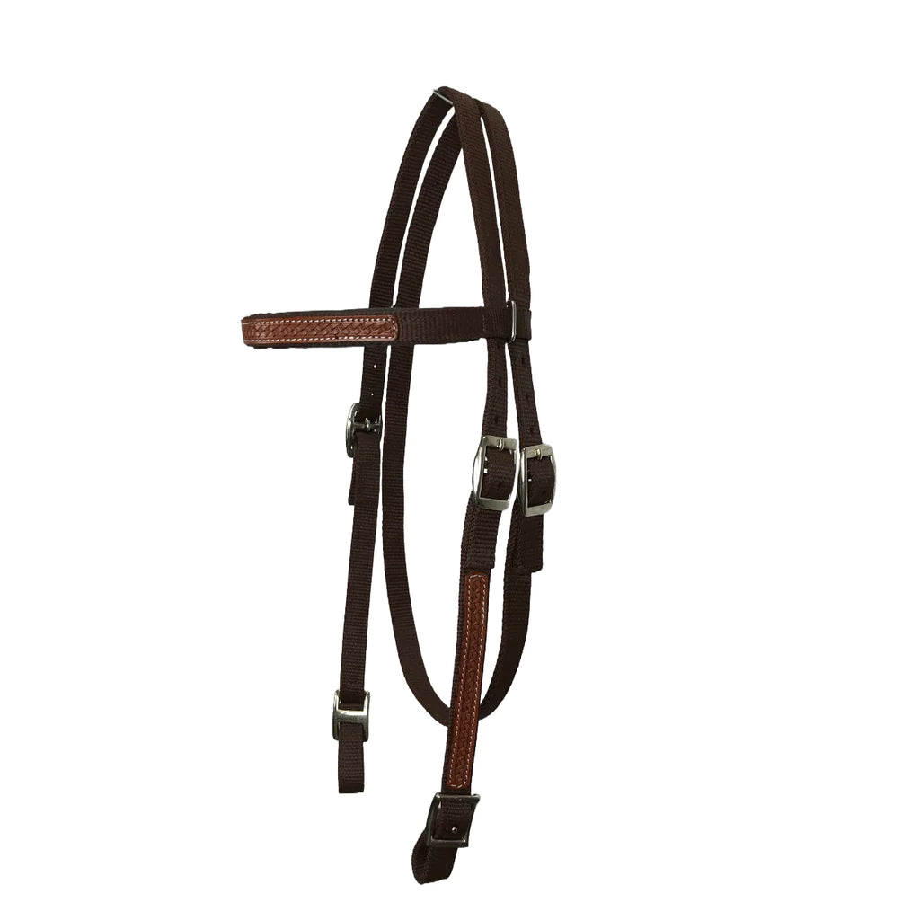 Tahoe Tack Basket Weave Leather Over Brown Nylon Headstall, Breast Collar, and Reins Set