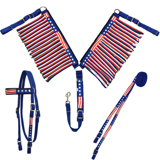 Tahoe Tack American Flag Double Layered Nylon Patriotic Padded Headstall, Reins and Breast Collar with Fringes 3 Items Set