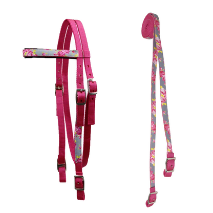  Nylon Western Browband Headstalls with Matching Reins for Horses Pink