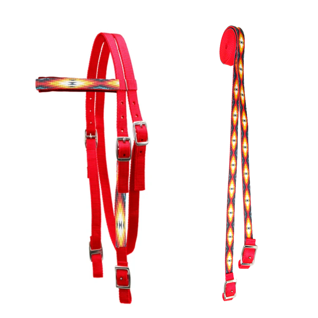  Nylon Western Browband Headstalls with Matching Reins for Horses Red Main