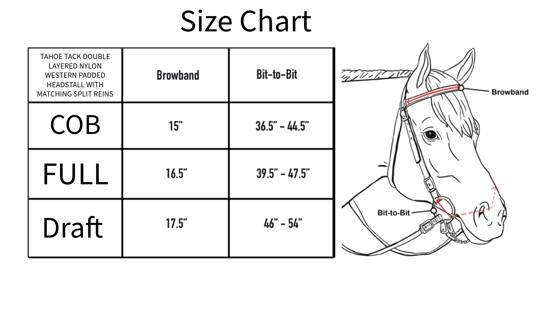 Tahoe Tack Double Layered Nylon Western Headstall with Matching Reins size chart