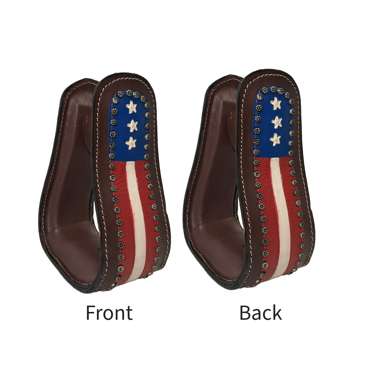 Tahoe Tack Patriotic American Flag Leather Adult Western Stirrups Front back 