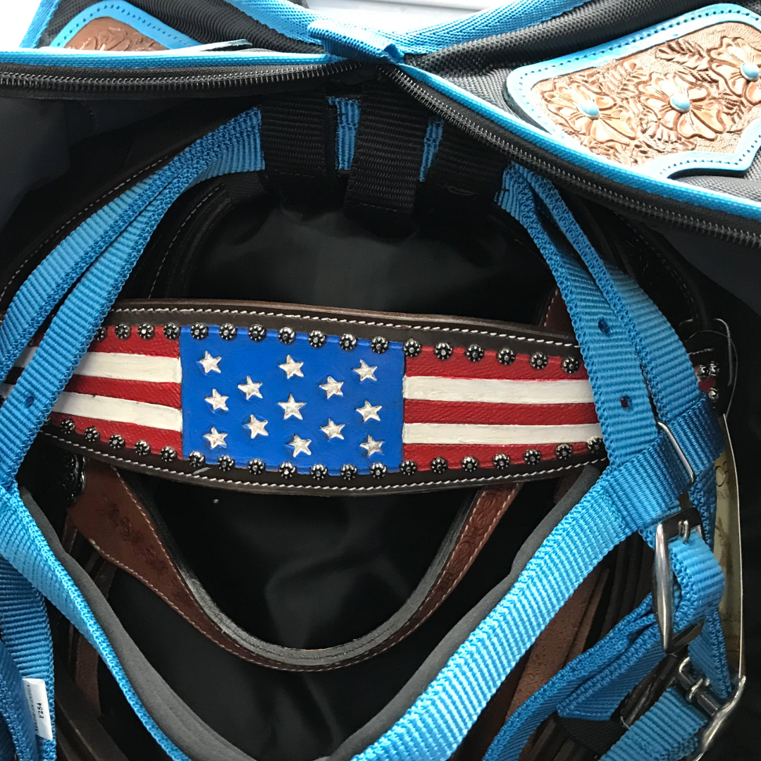 Tahoe Tack Turquoise Flower 1680D Nylon Center Opening Triple Layered Padded Bridle and Headstall Bag with Hand Tooled Leather Accents and 2 Year Warranty