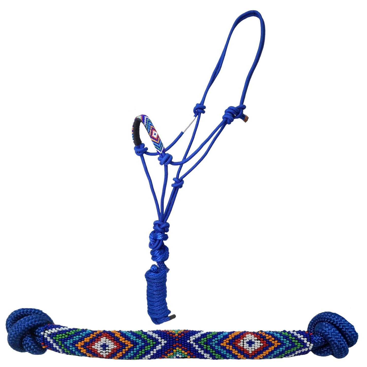 Tahoe Tack Copper Tip Series Braided Rope Horse Halter – Navajo Beaded Noseband, Cowboy Knots, with Blue Color