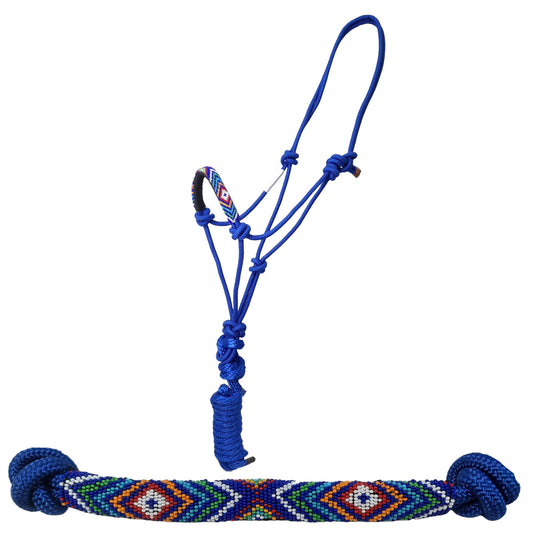 Tahoe Tack Copper Tip Series Braided Rope Horse Halter – Navajo Beaded Noseband, Cowboy Knots, with Blue Color