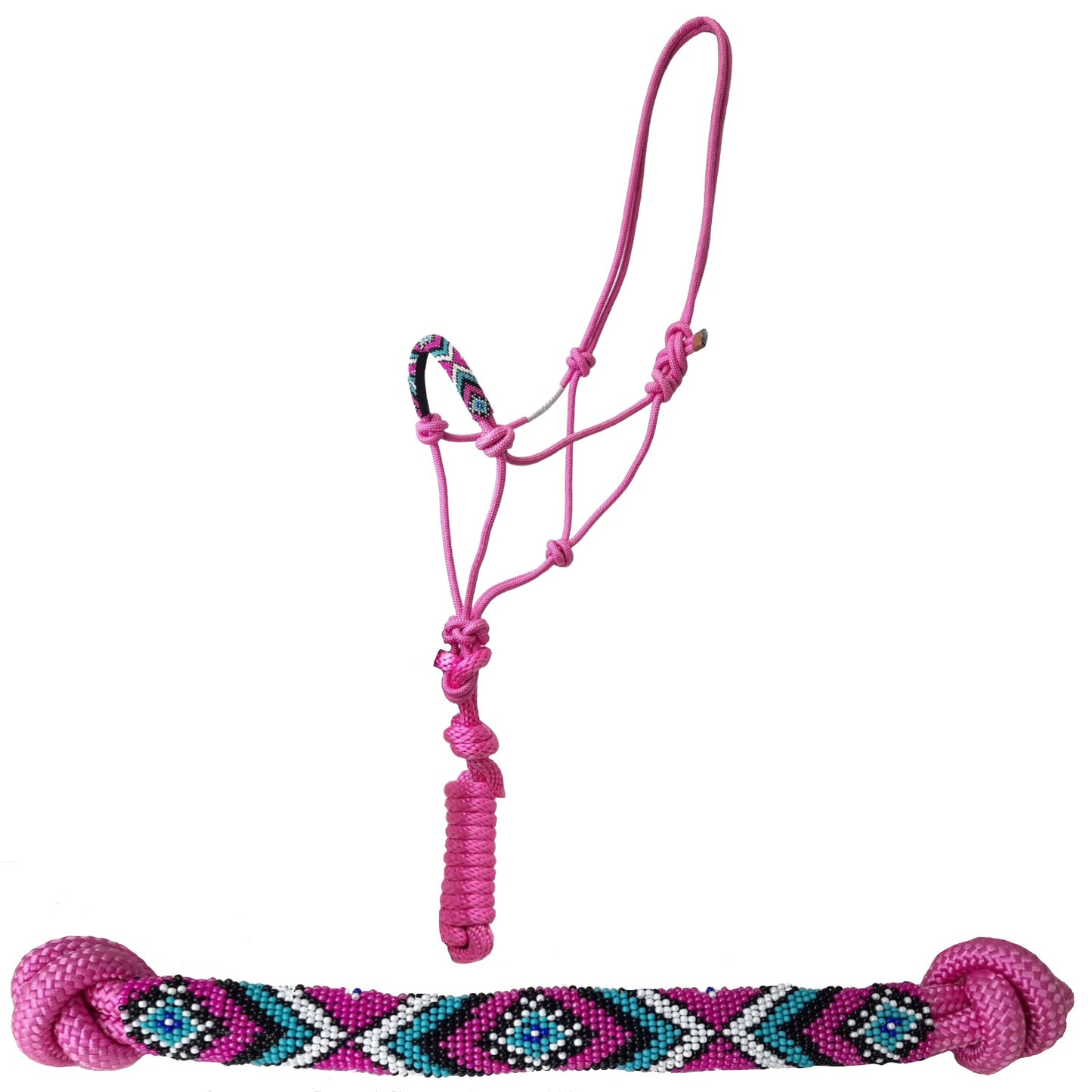 Tahoe Tack Copper Tip Series Braided Rope Horse Halter – Navajo Beaded Noseband, Cowboy Knots, with 10 Ft Lead & 1-Year Warranty