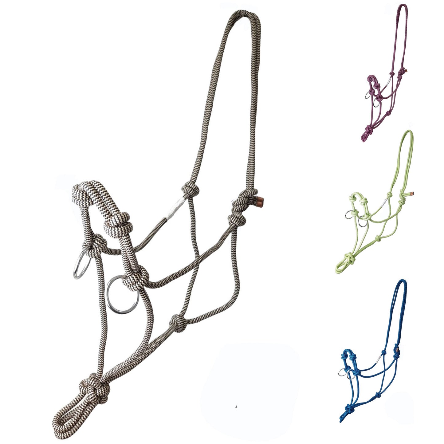 Tahoe Tack Copper Tip Series Horse Rope Training Halter – 4 Knot, 1/4" Stiff Cord with 2 Rings for Enhanced Control, 1-Year Warranty Two Tone 9514