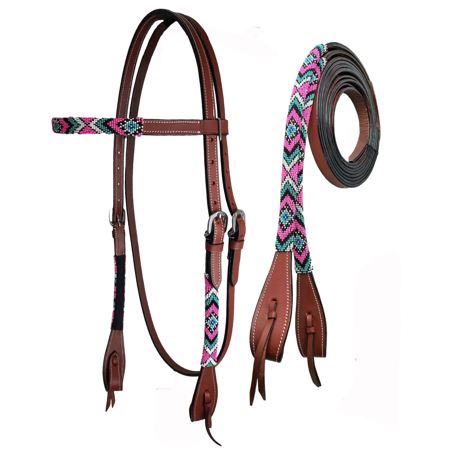 Tahoe Tack Leather Horse Western Headstall - Pink Navajo Beaded Browband with Split Reins, 1-Year Warranty