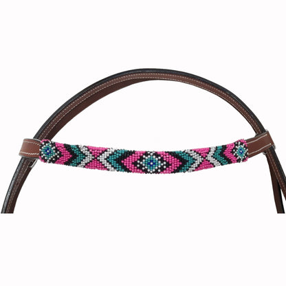 Tahoe Tack Leather Horse Western Headstall - Pink Navajo Beaded Browband with Split Reins, 1-Year Warranty