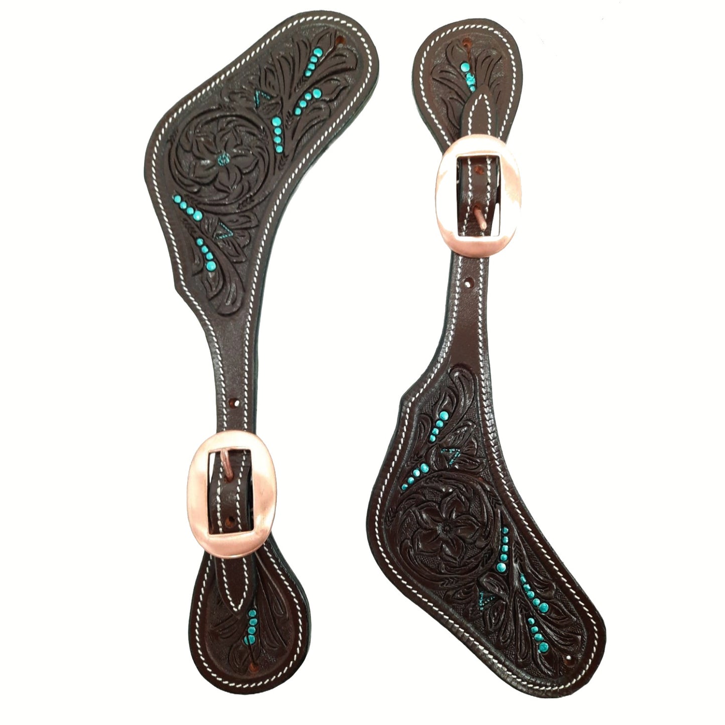 Tahoe Tack Western Curved Spur Straps with Turquoise Accented and Flower Hand Tooled  Leather