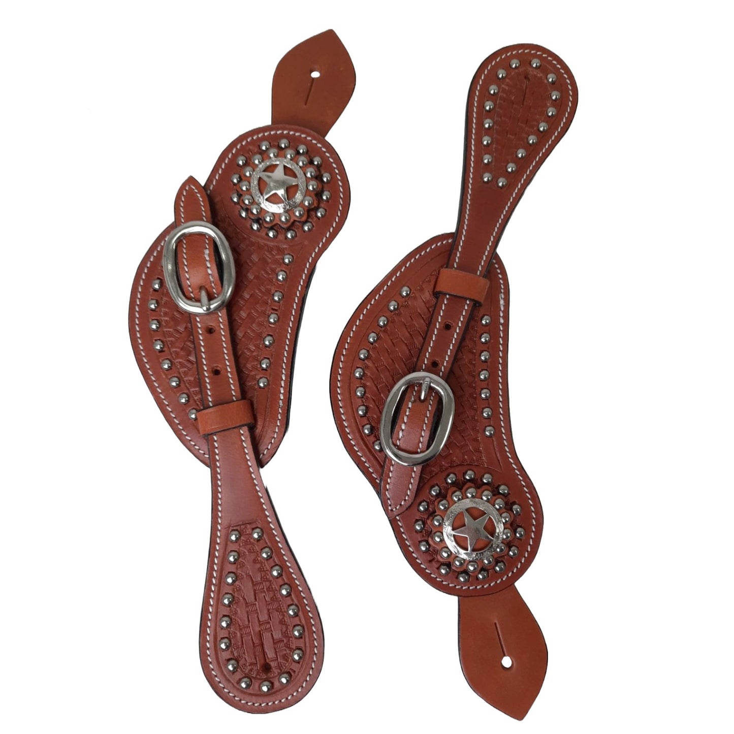 Tahoe Tack Western Curved Spur Straps with Star Concho and Hand Tooled  Basket Weave Leather