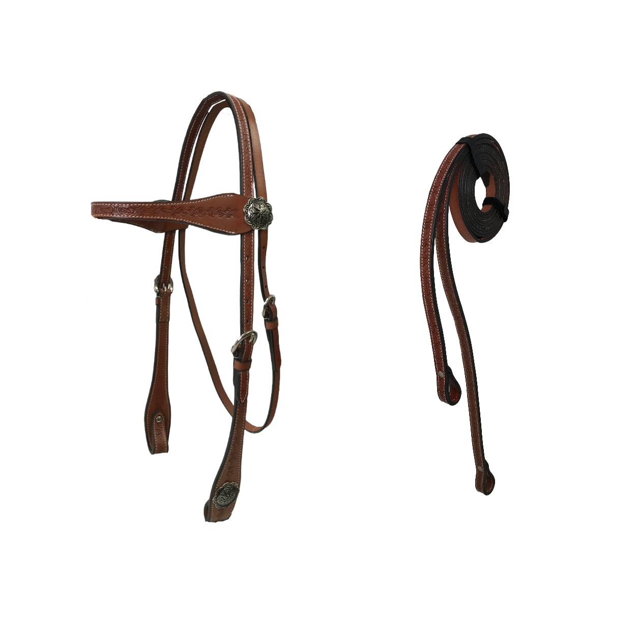 Tahoe Tack Barbwire Leather Western Hand Tooled Browband Headstall with Matching Split Reins Brown color