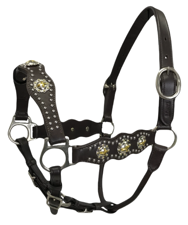 CROSS CONCHO HALTER WITH SPOTS AND ADJUSTABLE NOSE AND CHIN STRAPS -USA LEATHER