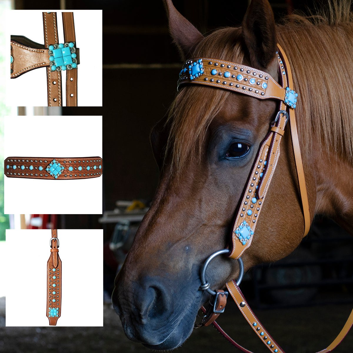 Banner Spotted Show Western Leather Browband Headstall with Matching Split Reins 