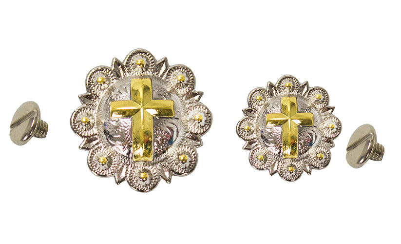 Shiny Silver and Gold Cross Conchos with Screw Back