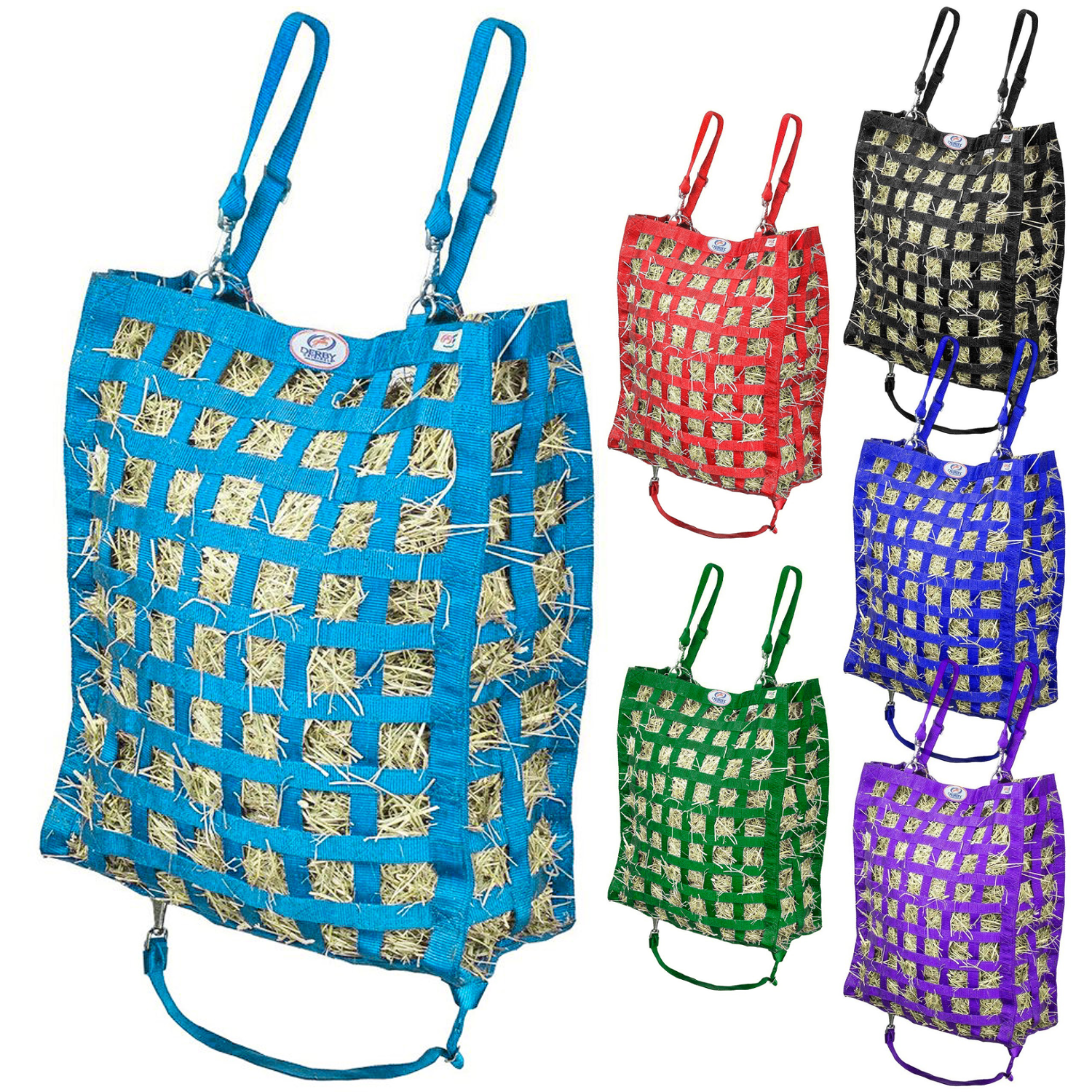 Petroleum blue hay bag with five other colors of hay bag shown to the right.