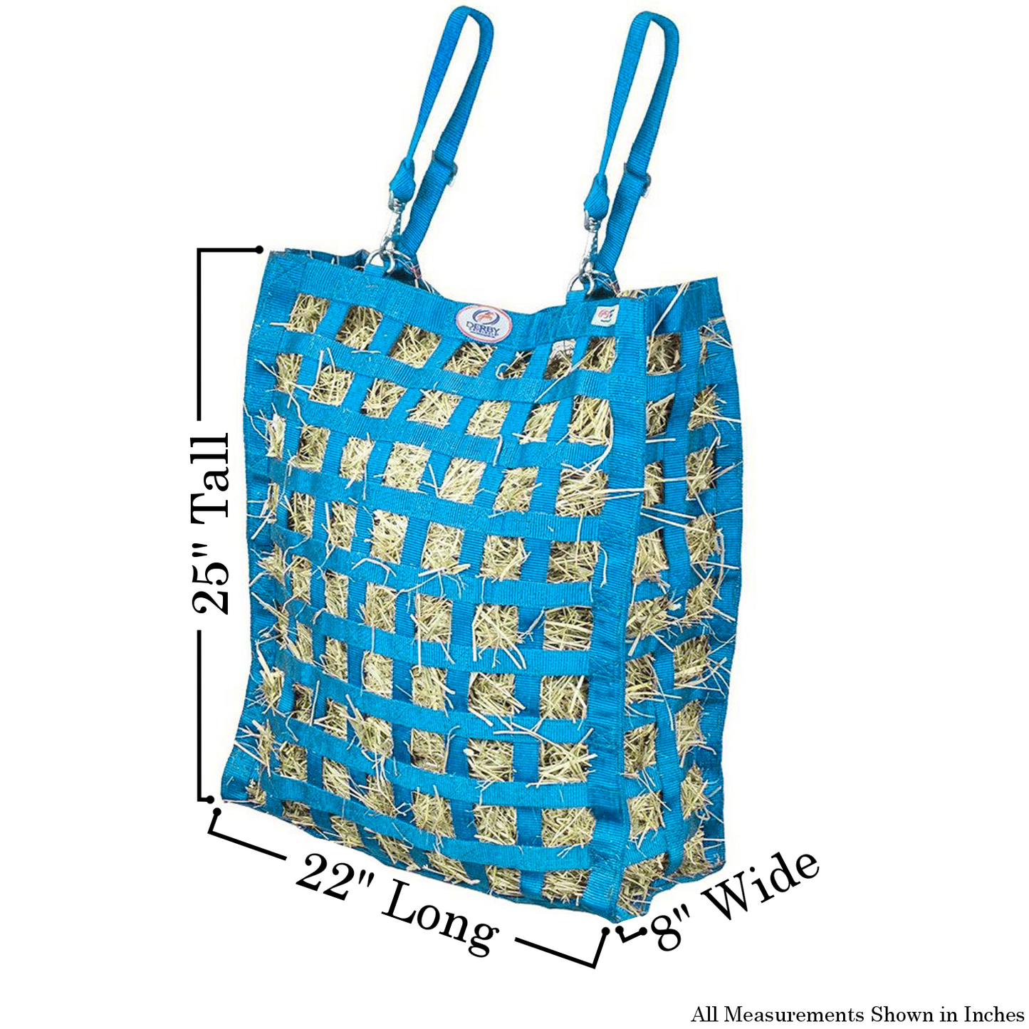 Size chart for petroleum blue four sided hay bag.