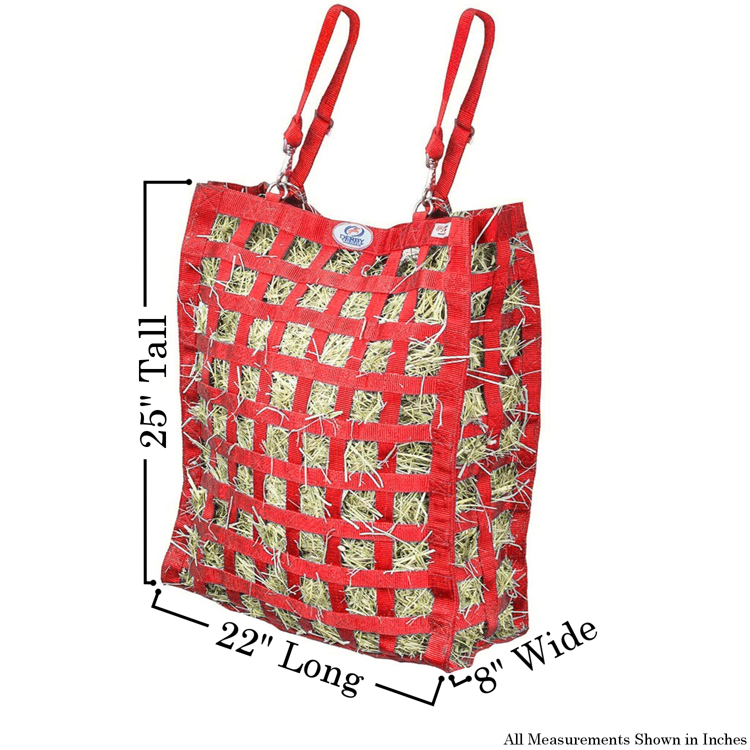 Size chart for red four sided hay bag.