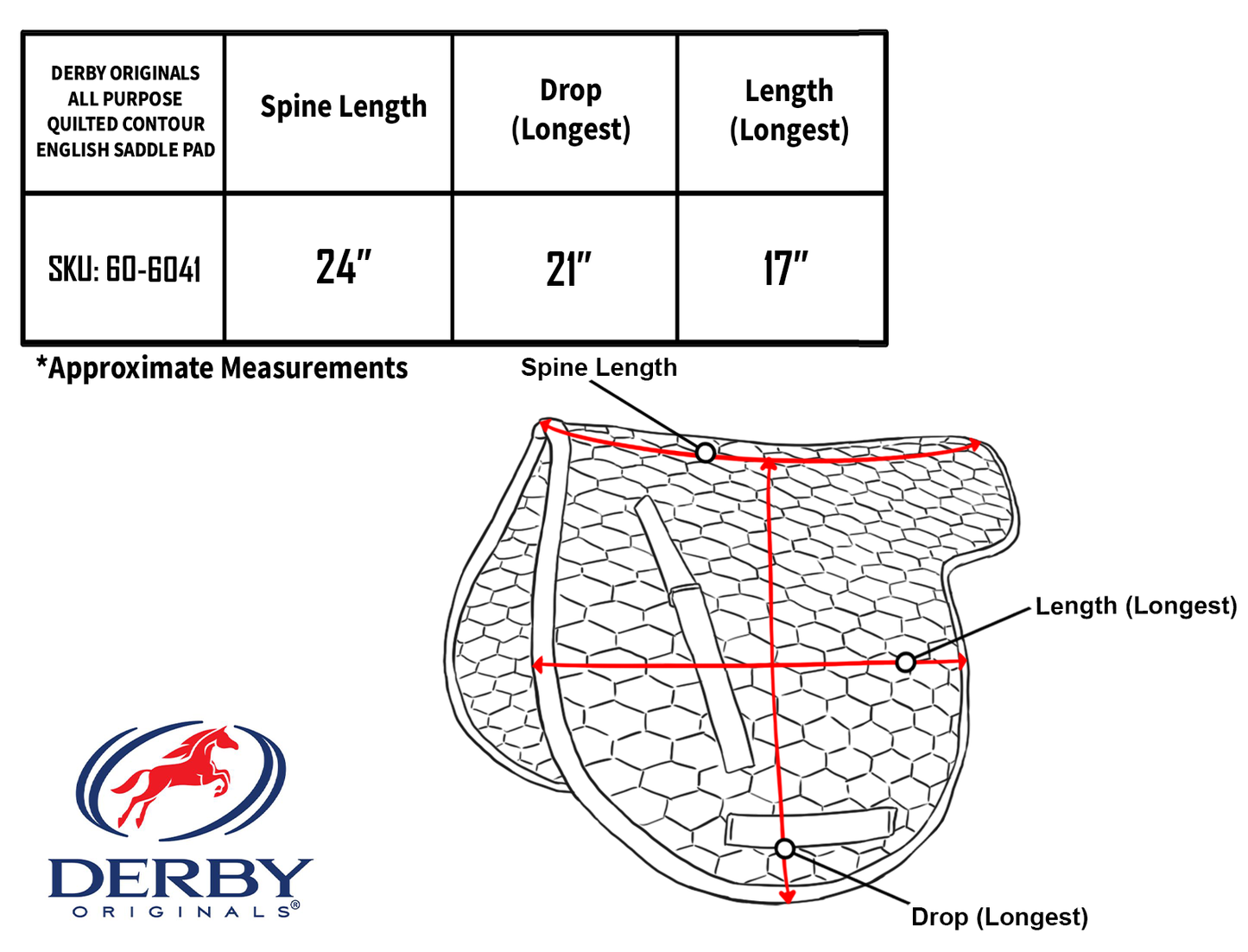 Derby Originals  All Purpose Quilted Contour English Saddle Pad size chart