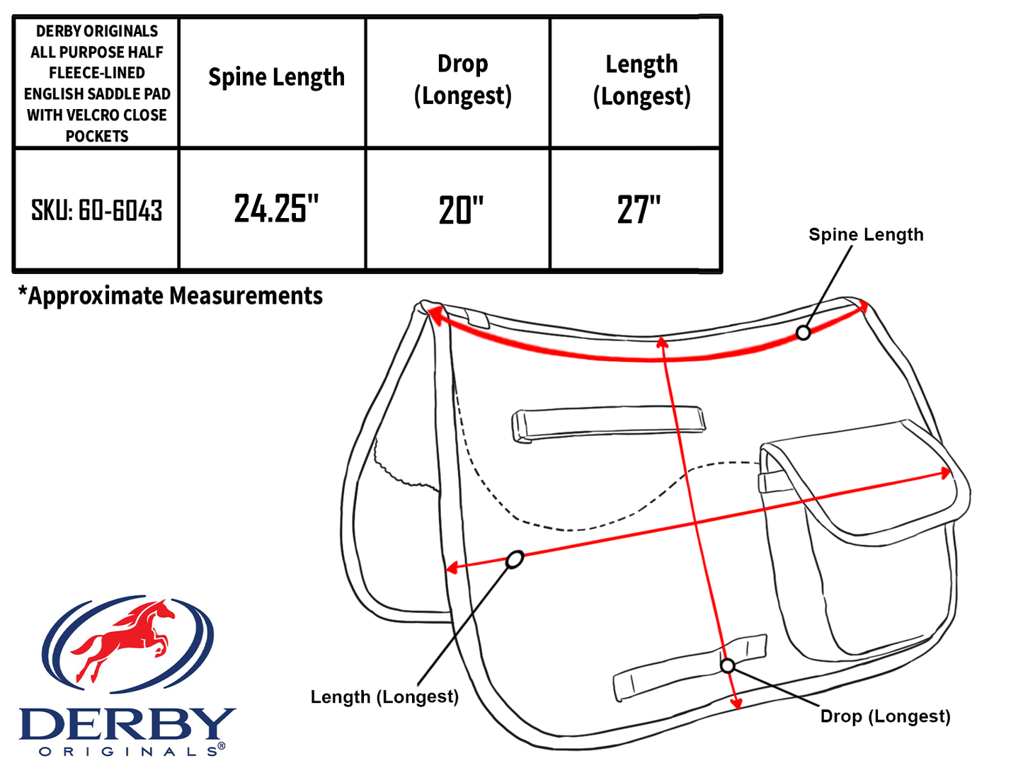 Derby Originals All Purpose English Saddle Pad with Pockets Half Fleece lined size chart