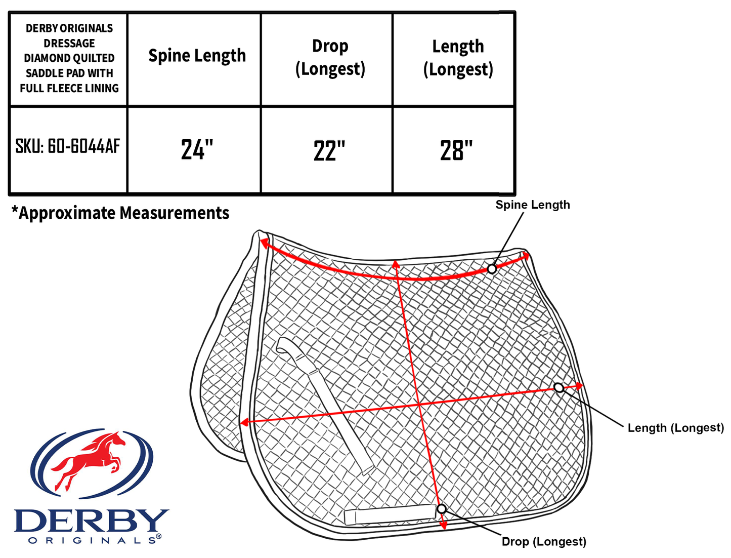 Derby Originals Dressage Diamond Quilted Saddle Pad With Full Fleece Lining Size chart