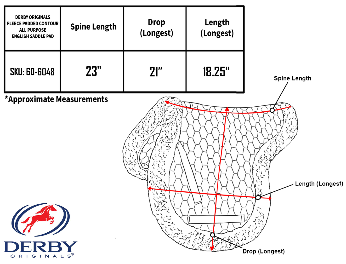 Derby Originals Fleece Padded Contour All Purpose English Saddle Pad Size chart