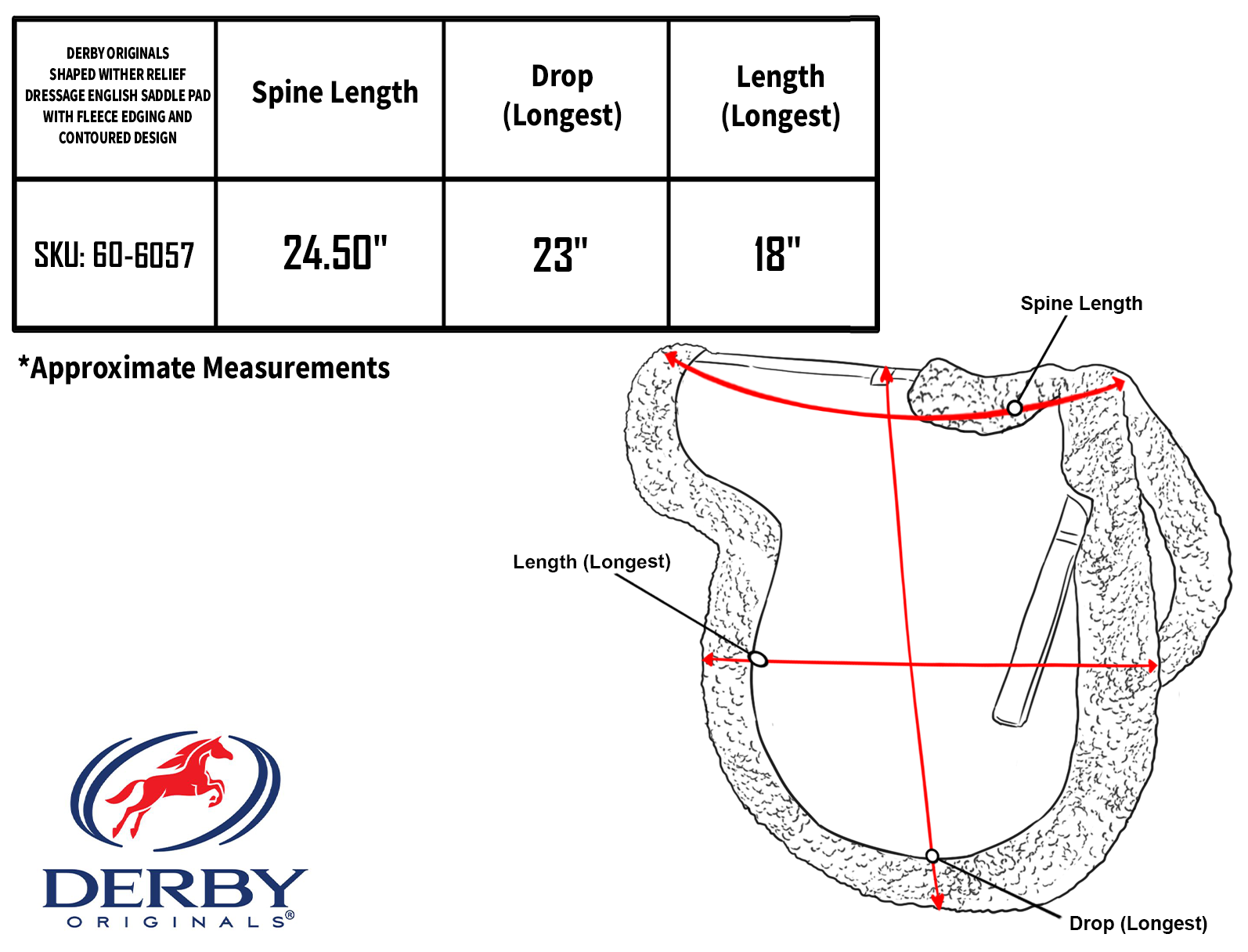 Derby Originals Shaped Wither Relief Dressage English Saddle Pad Size chart