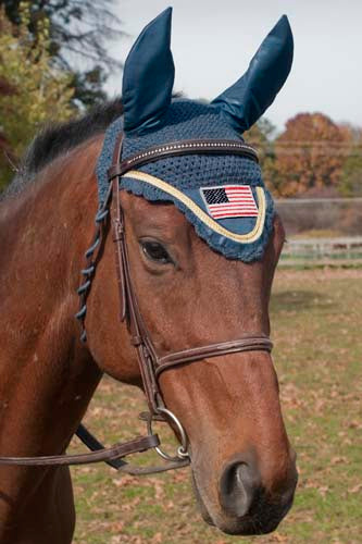 Paris Tack Patriotic American Flag Crochet Horse Fly Veil Ear Bonnet Blue color