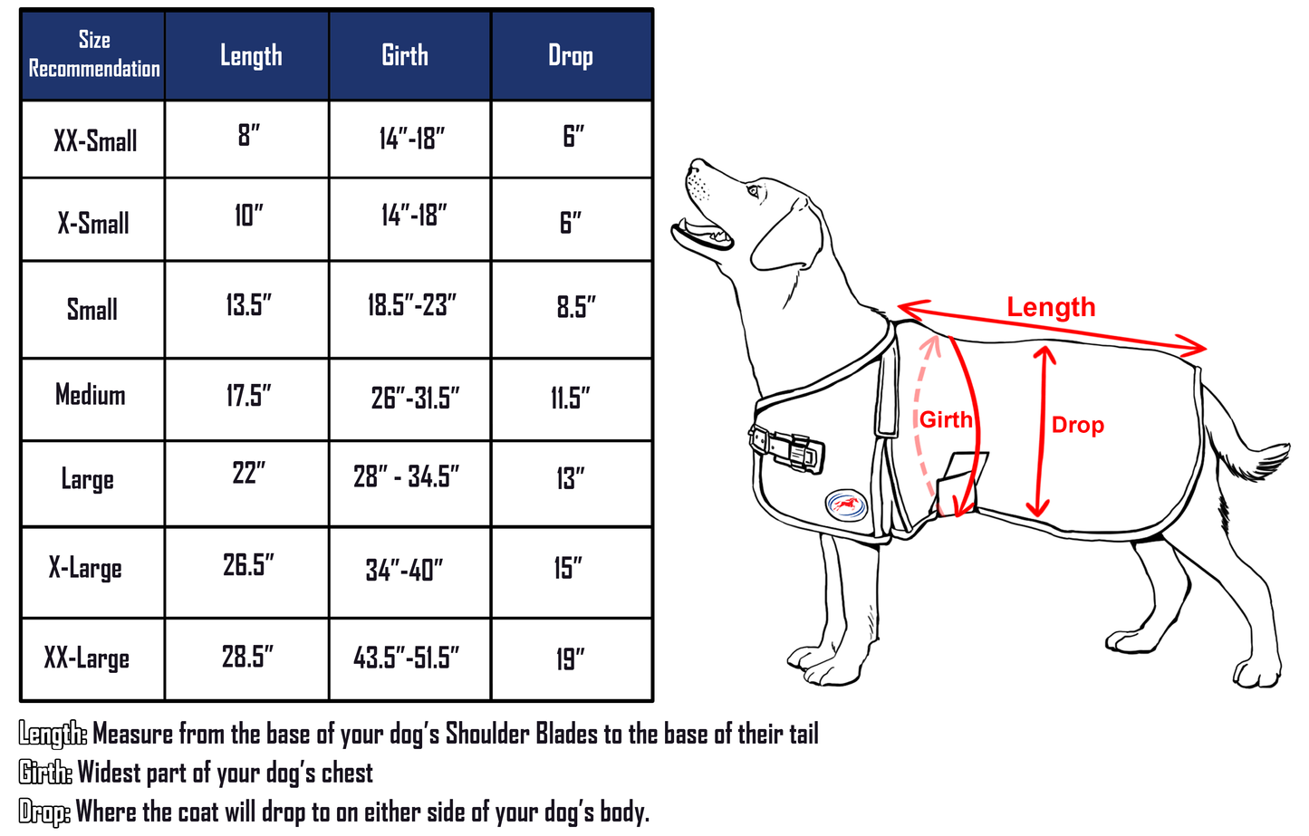 Derby 600D Dog Blanket Coat Waterproof  Size chart