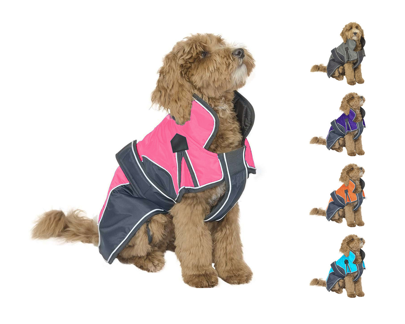 Nylon Waterproof Reflective Winter Dog Parka With Harness  main pink