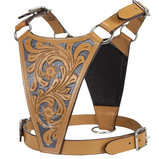 Premium Floral Tooled Gaucho Leather Padded Dog Pulling Harness Main Image