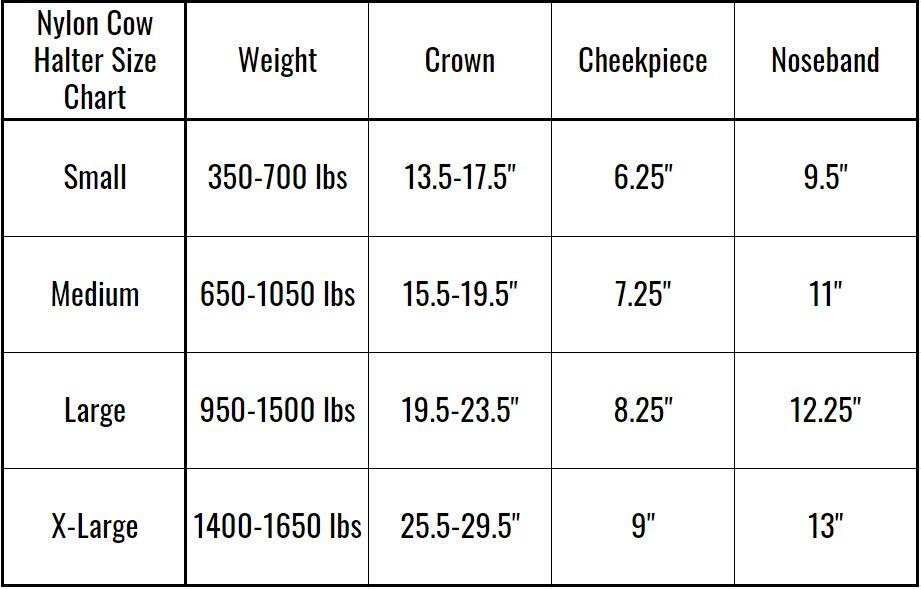 Derby Originals Adjustable Nylon Livestock Cattle Halters Size Chart