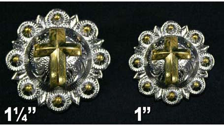 Shiny Silver and Gold Cross Conchos with Screw Back