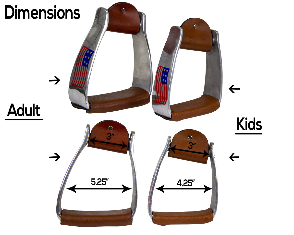 Tahoe Tack Patriotic American Flag Angled Knee Relief Western Barrel Stirrups dimensions