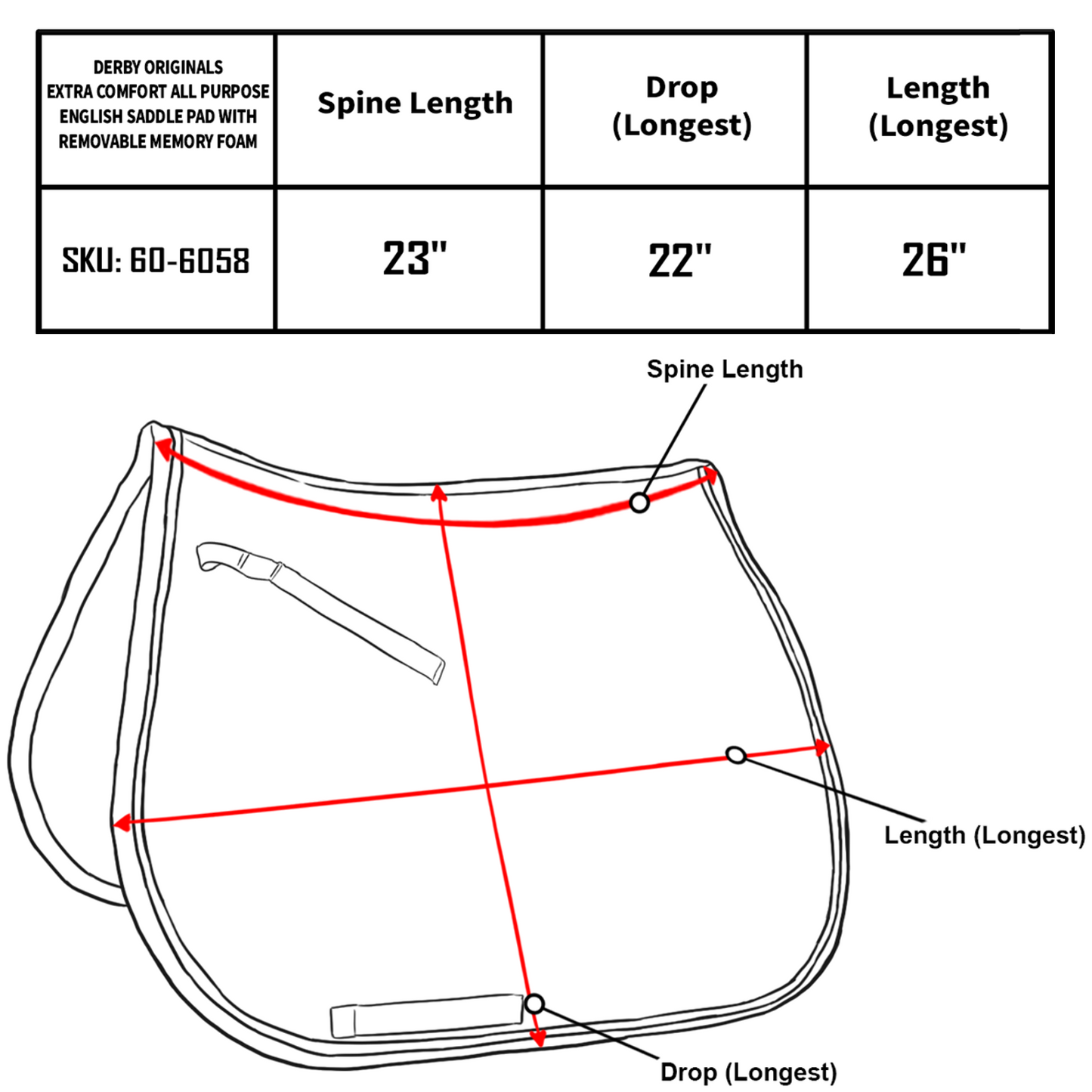 Derby Originals Extra Comfort All Purpose English Saddle Pad with Removable Memory Foam Size chart