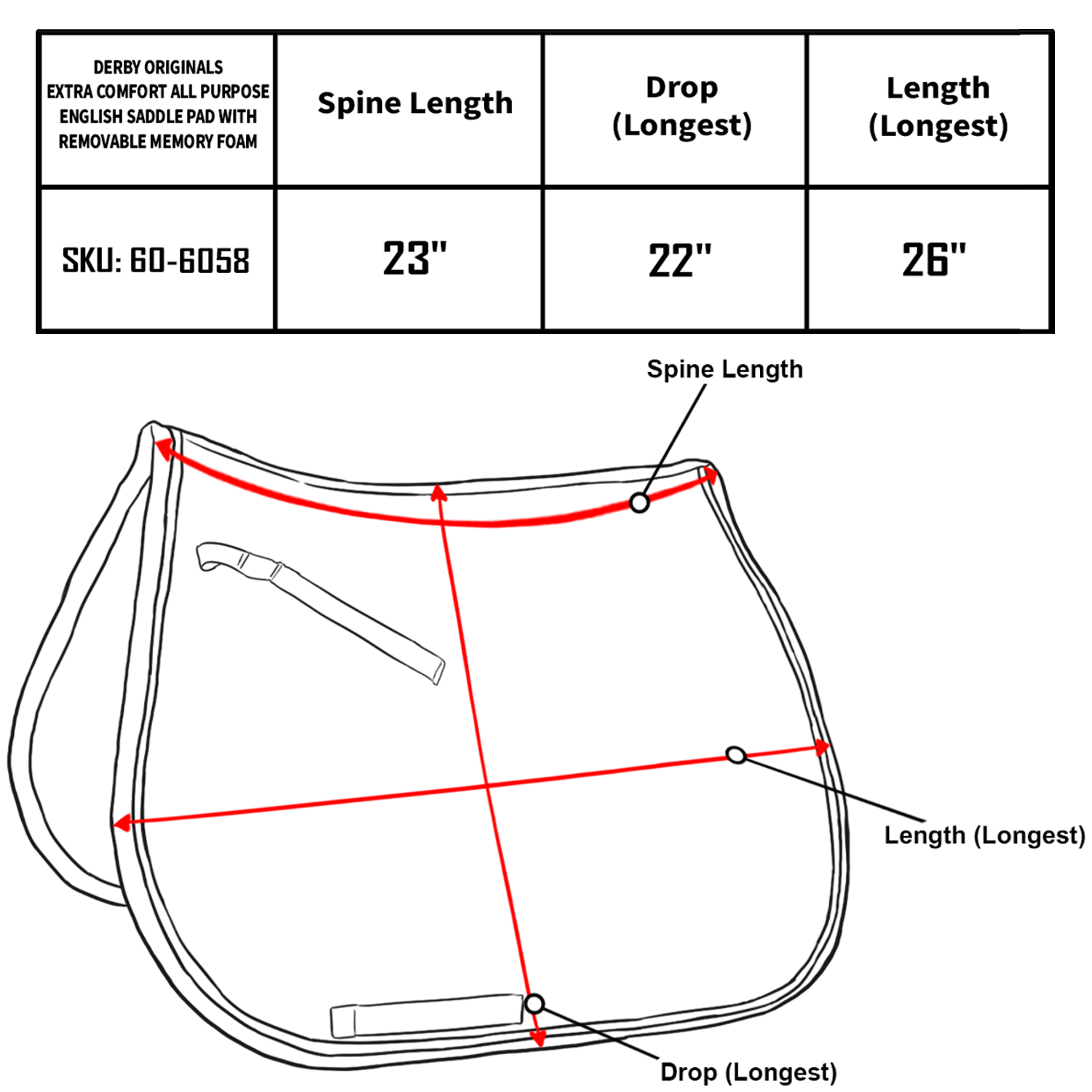 Derby Originals Extra Comfort All Purpose English Saddle Pad with Removable Memory Foam Size chart