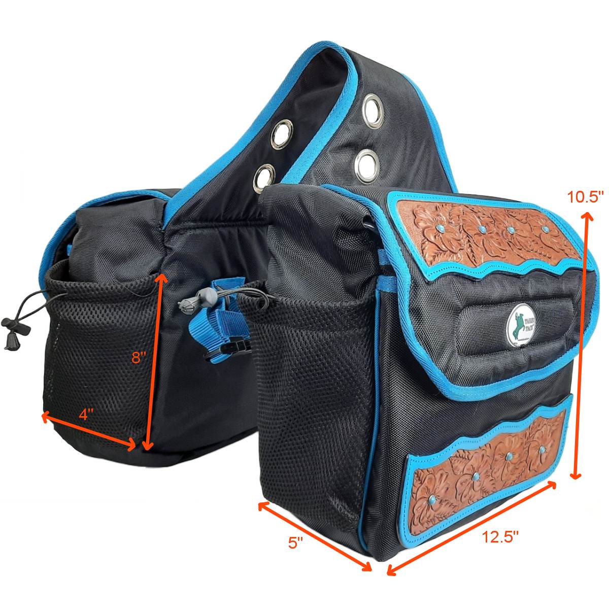 Turquoise Flower 1680D Nylon Western Saddlebags with Hand Tooled Leather Accents and 2 Year Warranty