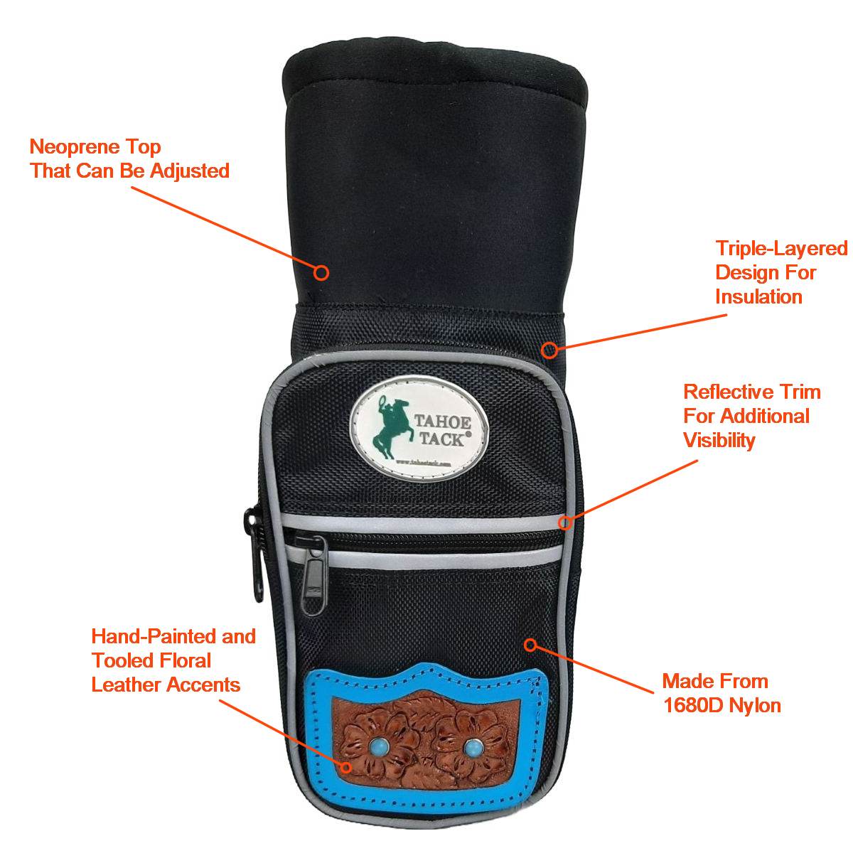 Tahoe Tack Turquoise Flower Nylon Water Bottle Storage Bag with Hand Tooled Leather Accents With Details