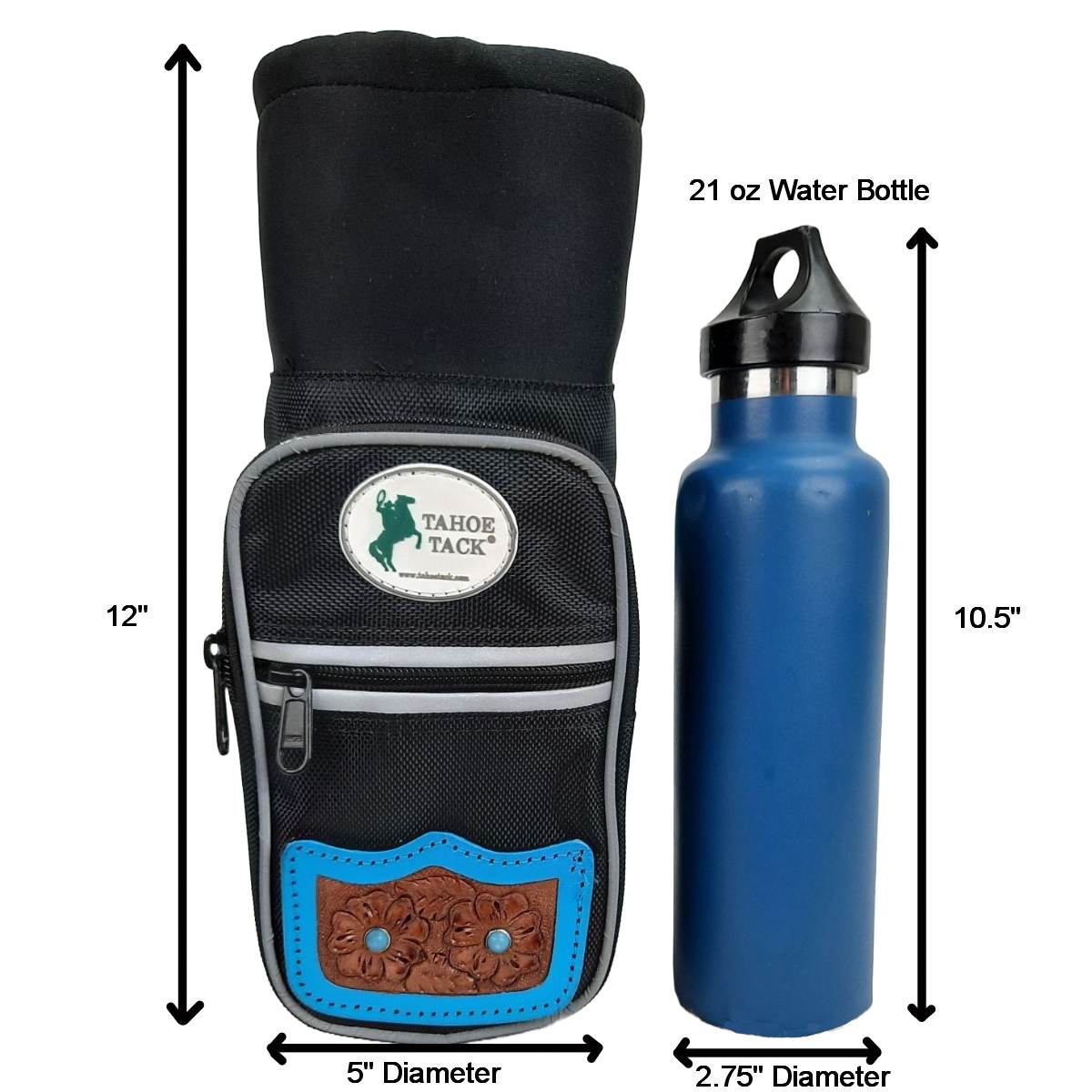 Tahoe Tack Turquoise Flower Nylon Water Bottle Storage Bag with Hand Tooled Leather Accents Measurement