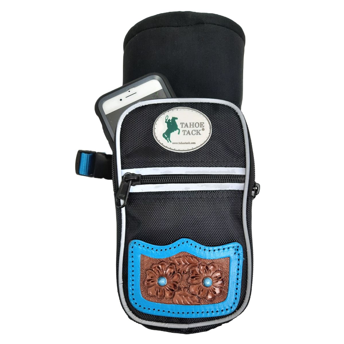 Tahoe Tack Turquoise Flower Nylon Water Bottle Storage Bag with Hand Tooled Leather Accents and 2 Year Warranty Phone Holder