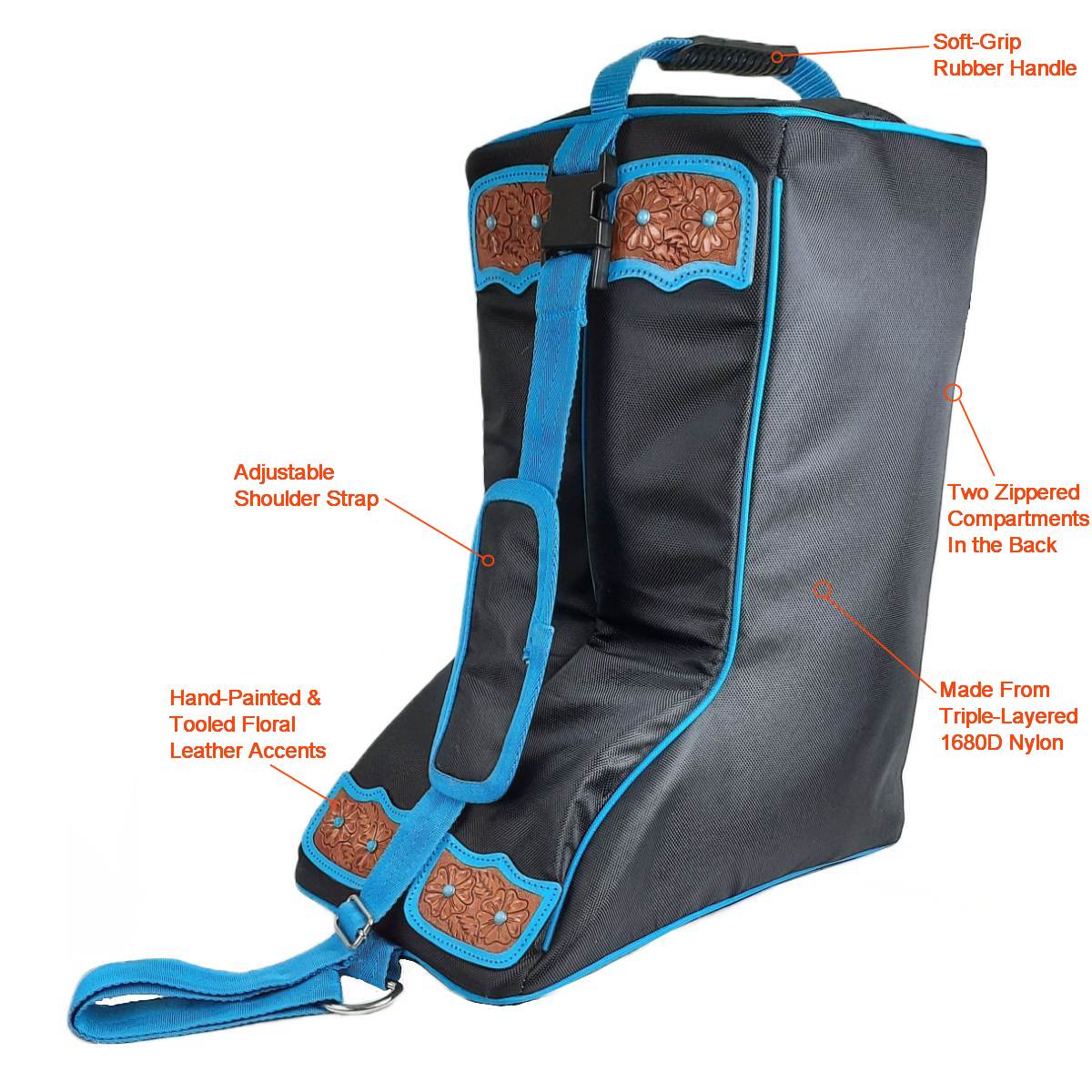 Tahoe Tack Turquoise Flower 1680D Nylon Western Boot Bag with Hand Tooled Leather Accents and 2 Year Warranty Measurement