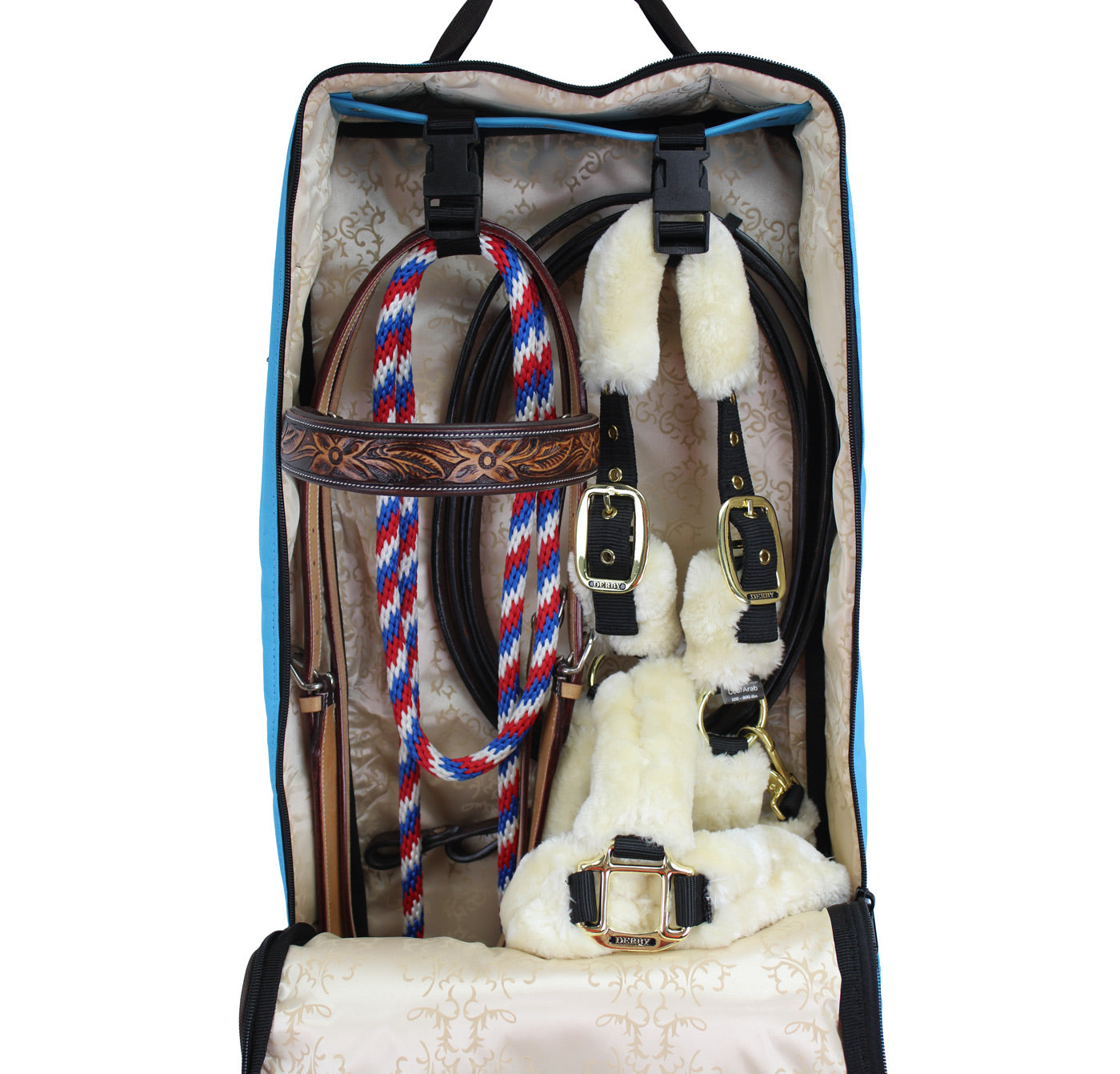 Front Open 3 Layers Padded Bridle Halter Carry Bag by Paris Tack turquoise detail inside