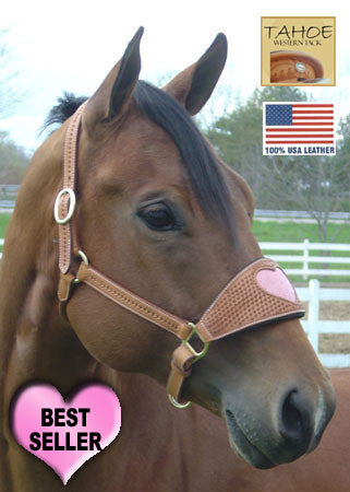 Tahoe Tack Basket Weave USA Leather Heart Inlay Bronc Halter -Four Fun Colors