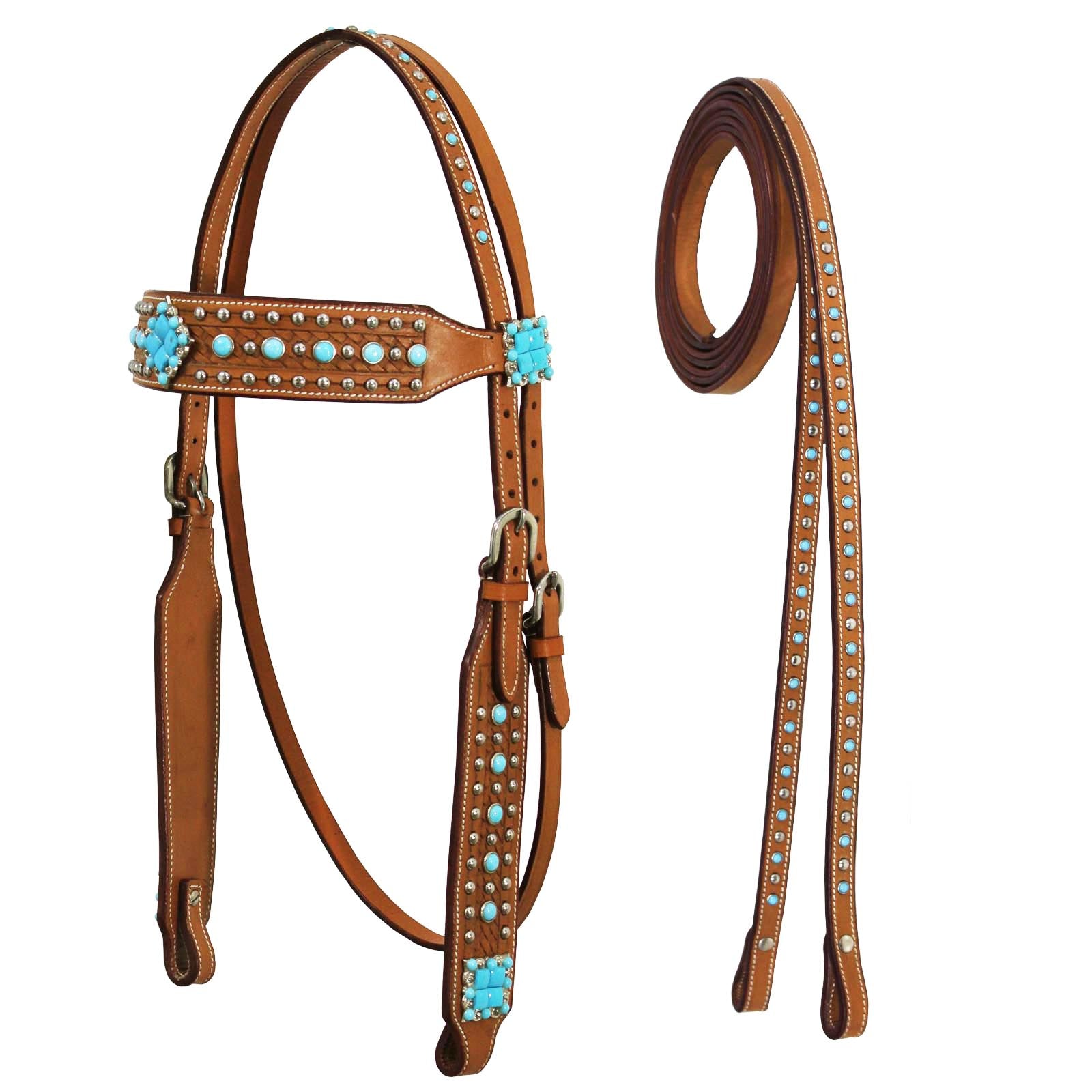 Tahoe Tack Turquoise Spotted Show Western Leather Browband Headstall with Matching Split Reins