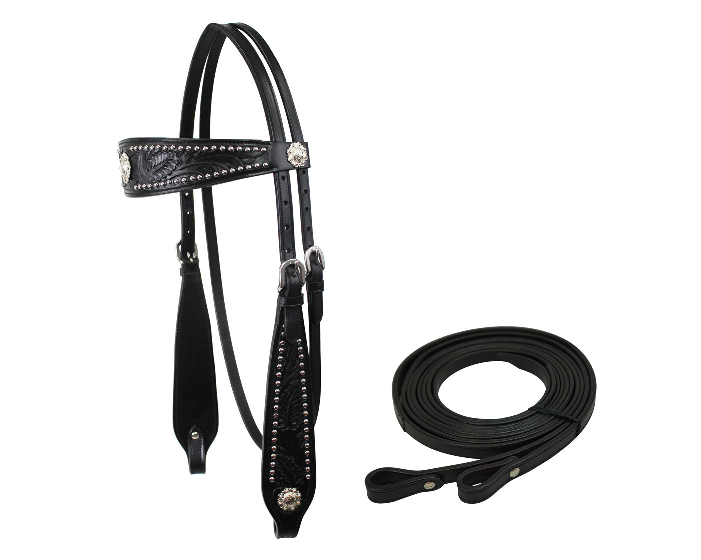 Tahoe Tack Black Show Studded Midnight Western Browband Headstall with Matching Reins