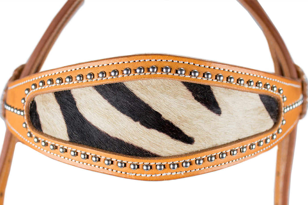 Tahoe Tack USA Leather Wild Side Zebra Print Western Browband Headstall, Full Horse Close Up