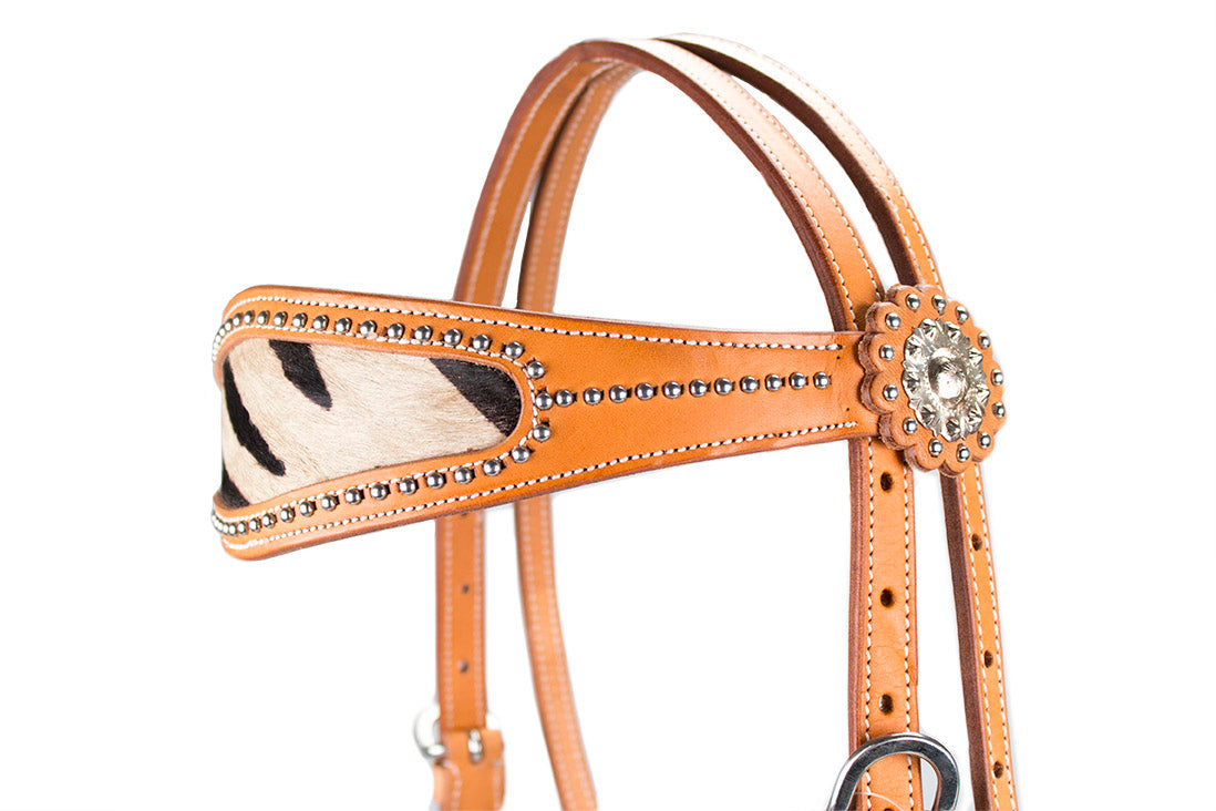 Tahoe Tack USA Leather Wild Side Zebra Print Western Browband Headstall, Full Horse  Top View 