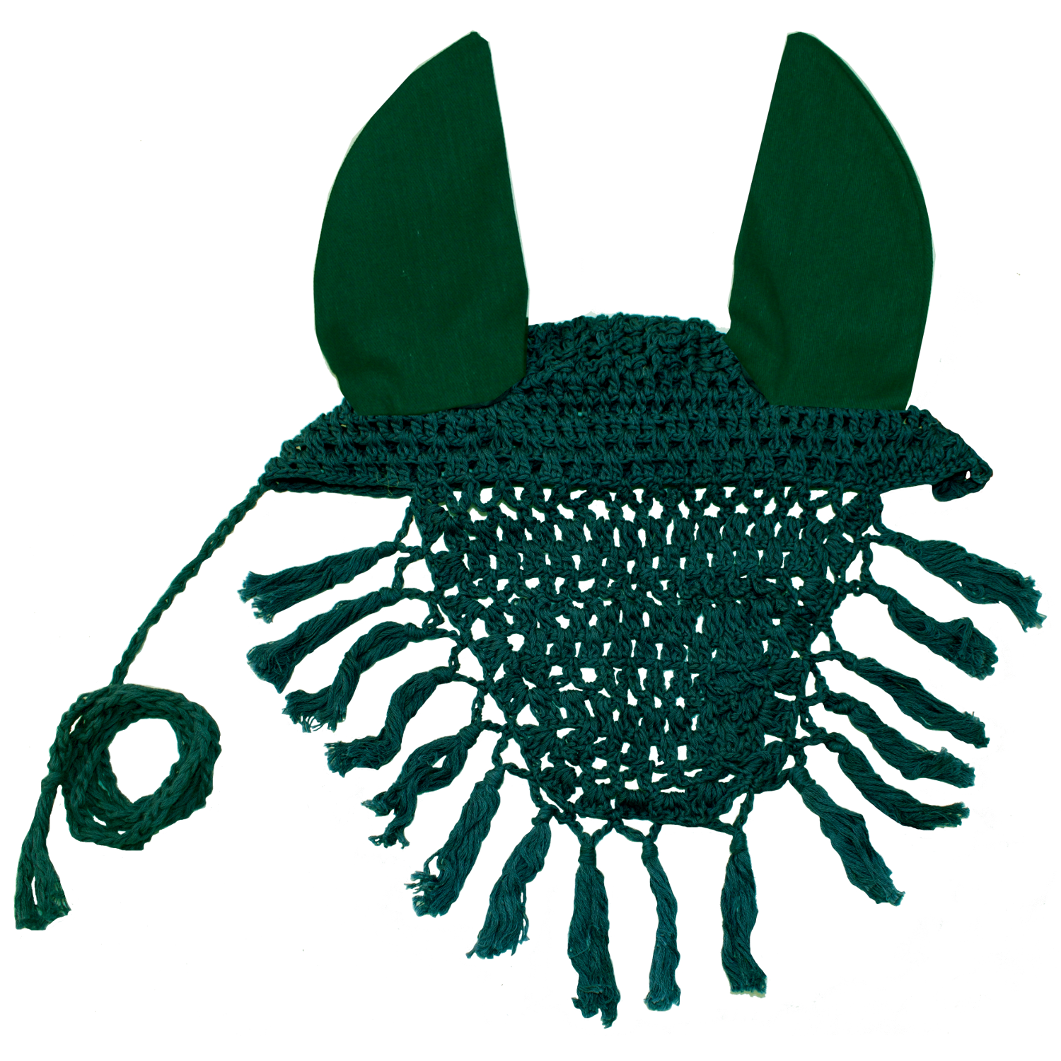 Derby Originals Crochet Horse Fly Veil Ear Bonnet with Fringe, Hunter Green / Full Horse
