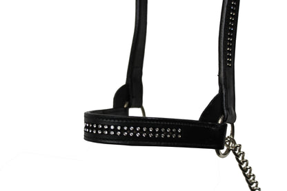 New & Improved Premium Crystal Bling Rhinestone Inlay Flat Leather Cattle Show Halter Black