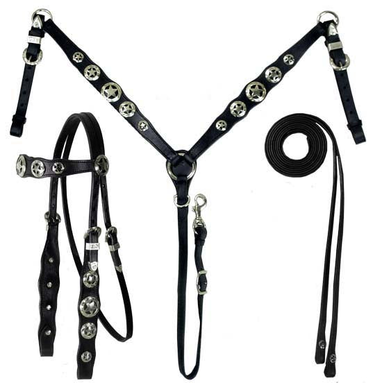 Tahoe Tack Patriotic Silver Star Concho Leather Western  Headstall, Breastcollar, and Reins Set